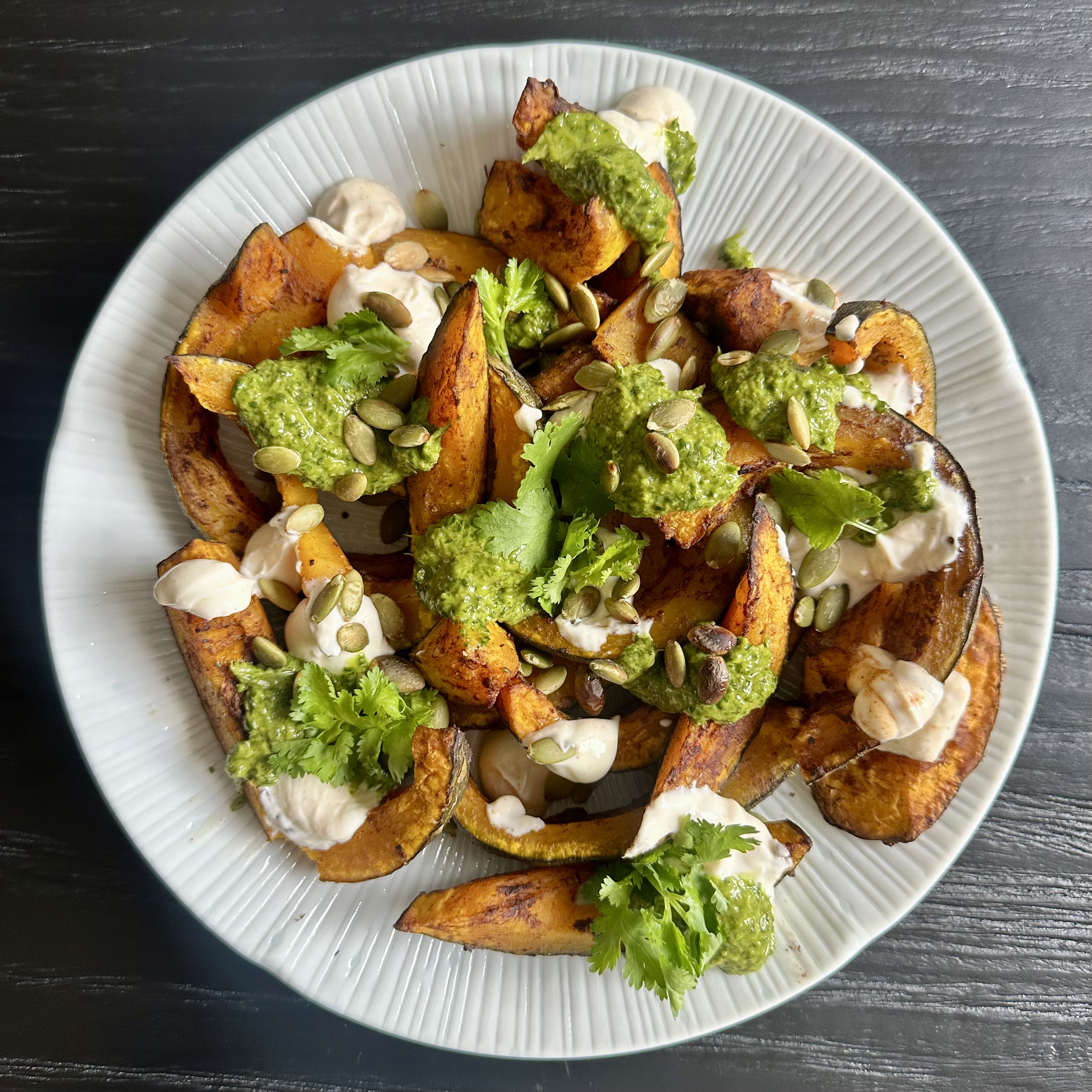 Roasted squash with chilli yoghurt & coriander sauce