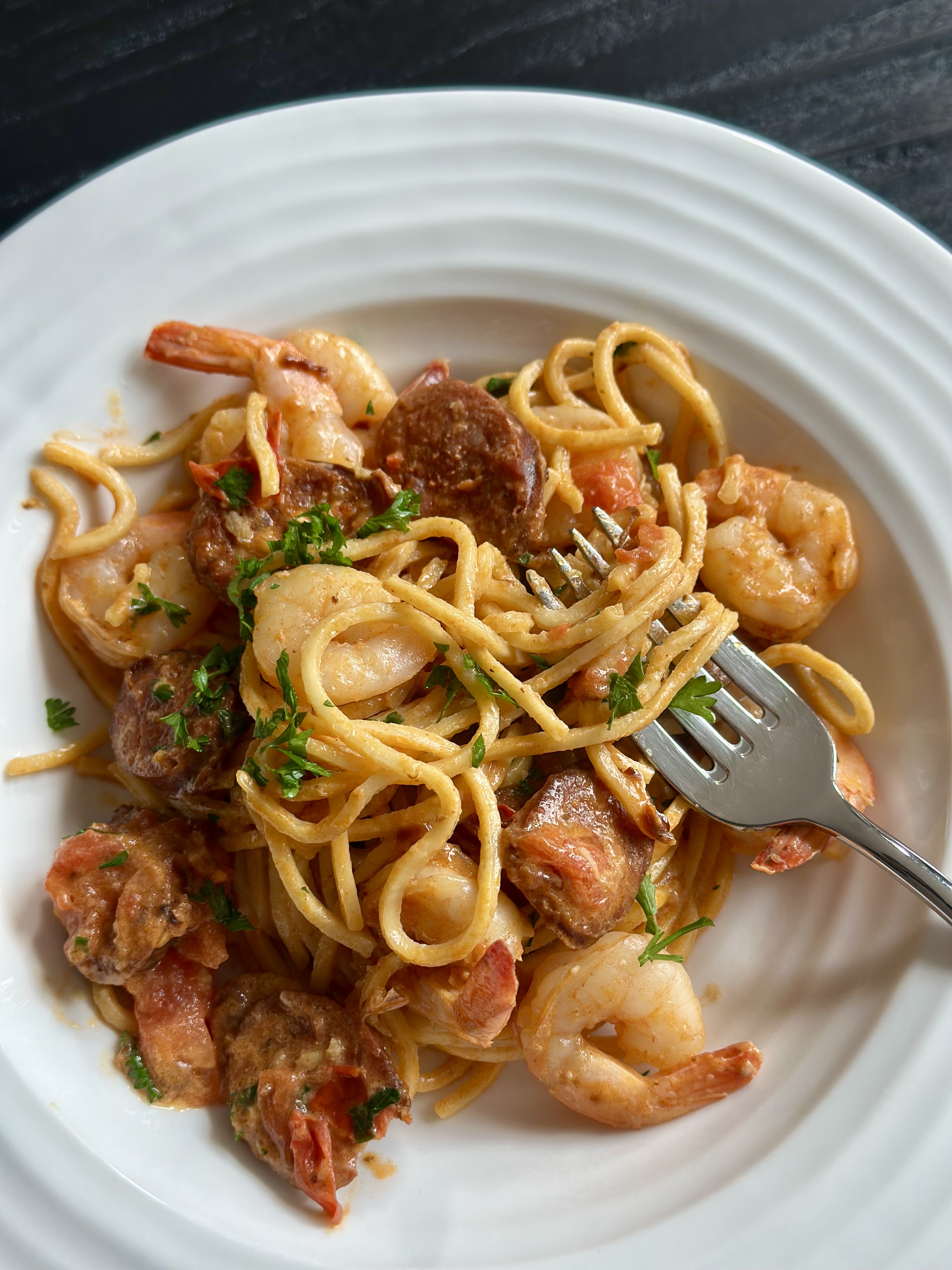 Prawn, chorizo & chilli pasta